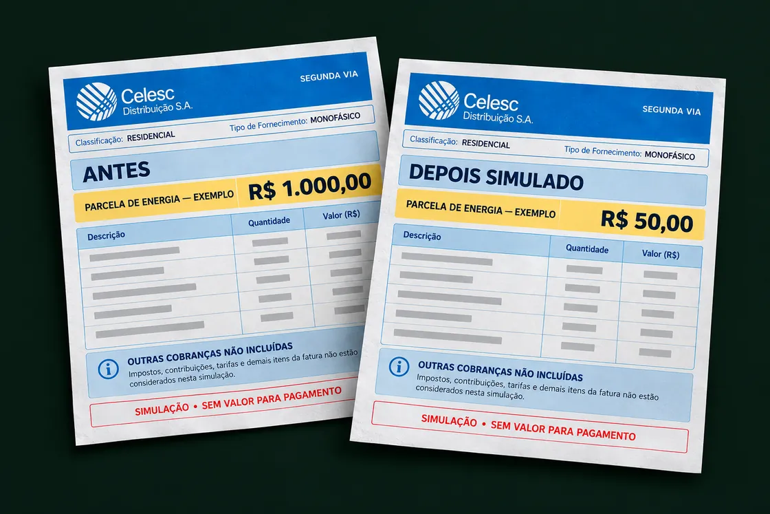 Duas contas ilustrativas: parcela de energia de R$ 1.000,00 antes e R$ 50,00 no cenário de redução de 95%. Demais cobranças não incluídas.