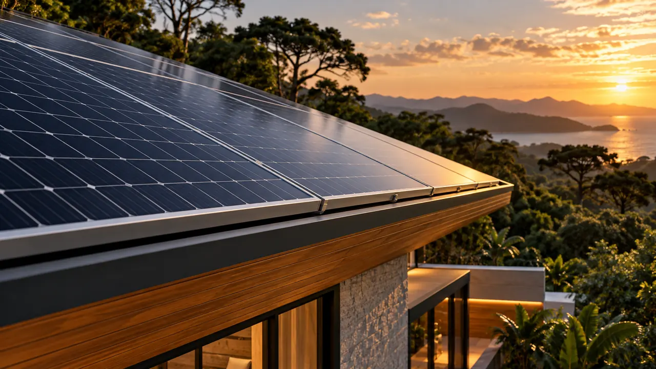 Detalhe de módulos fotovoltaicos em arquitetura residencial — imagem ilustrativa