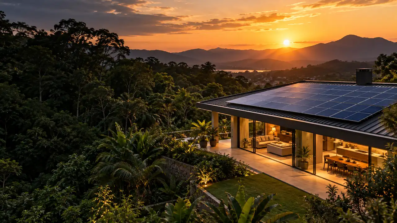 Casa contemporânea com painéis solares ao pôr do sol — imagem ilustrativa